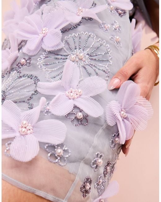 ASOS Purple 3d Floral Off Shoulder Embellished Mini Dress With Caged Skirt