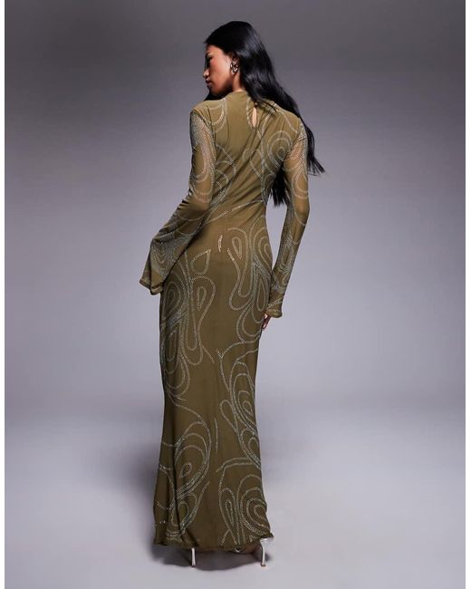 ASOS Green Embellished Artwork Hotfix Long Sleeve Maxi Dress With Ruched Skirt
