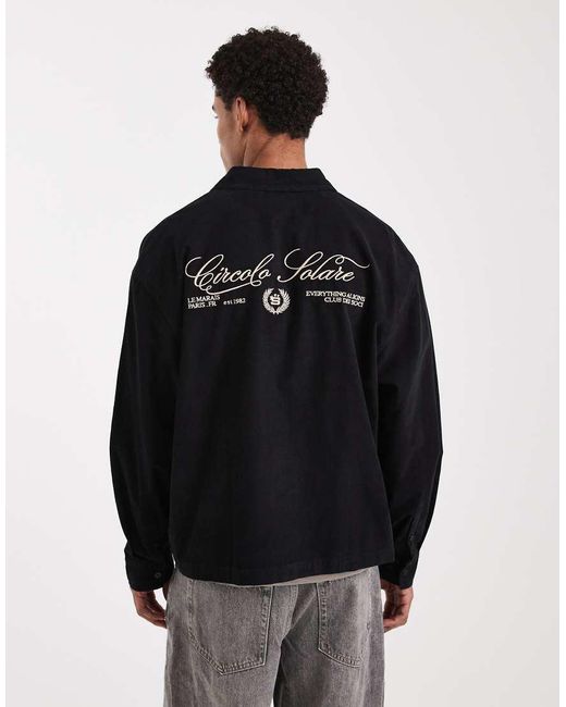 ASOS Black Boxy Oversized Corduroy Shirt With Back Embroidery for men
