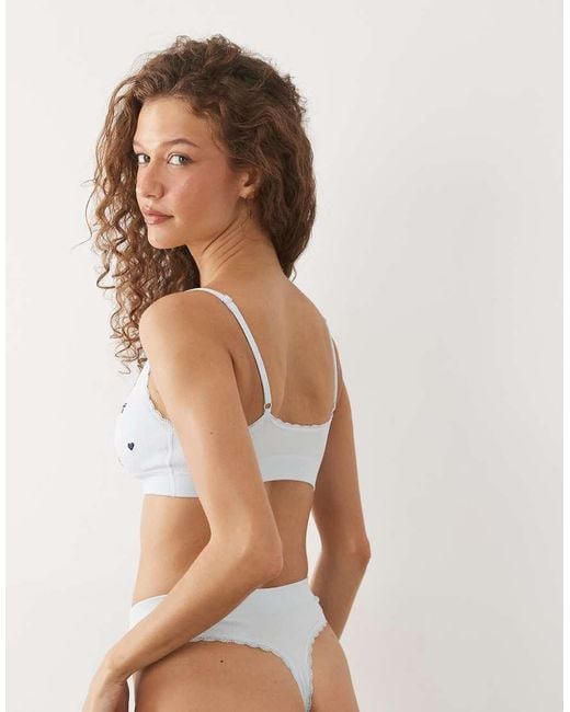 Boux Avenue White Lace Trim High Leg Embroidered Bow Thong