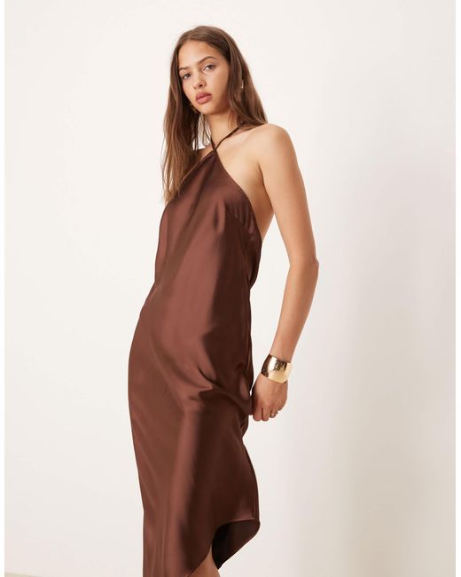 ASOS Natural Satin Halter Maxi Dress