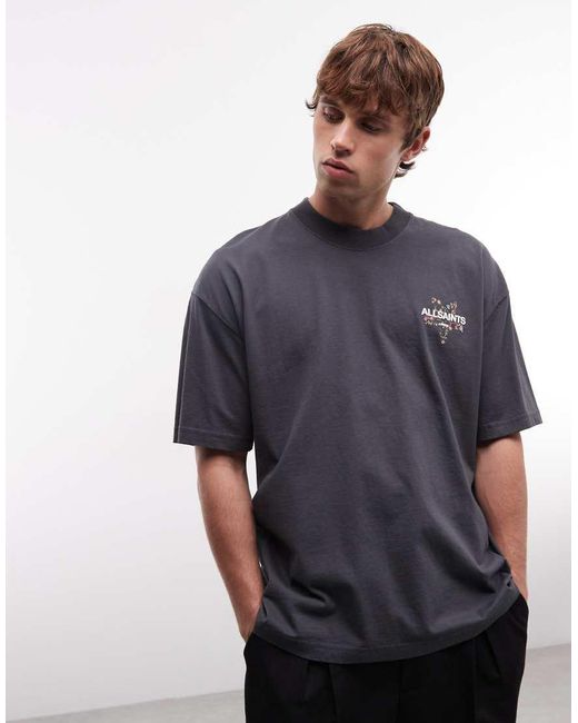 AllSaints Blue Pentacle Short Sleeve Embroidered Graphic Logo T-shirt With Back Print for men
