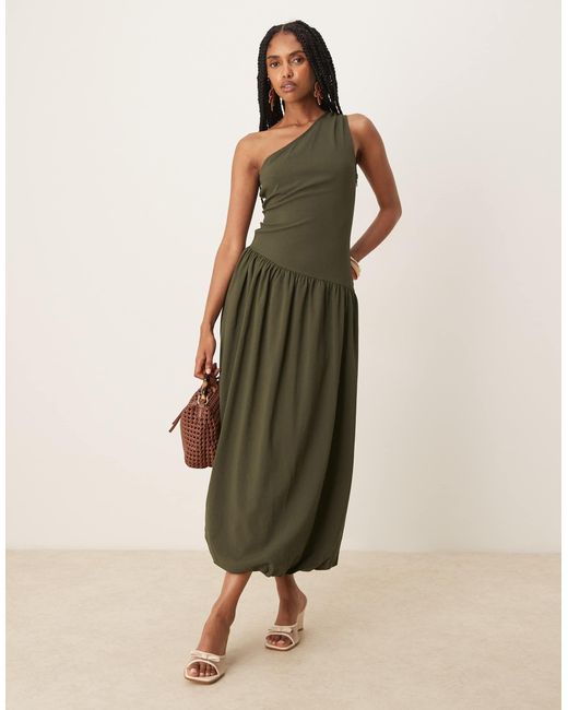 Mango Green One Shoulder Drop Waist Maxi Dress With Soft Bubble Hem