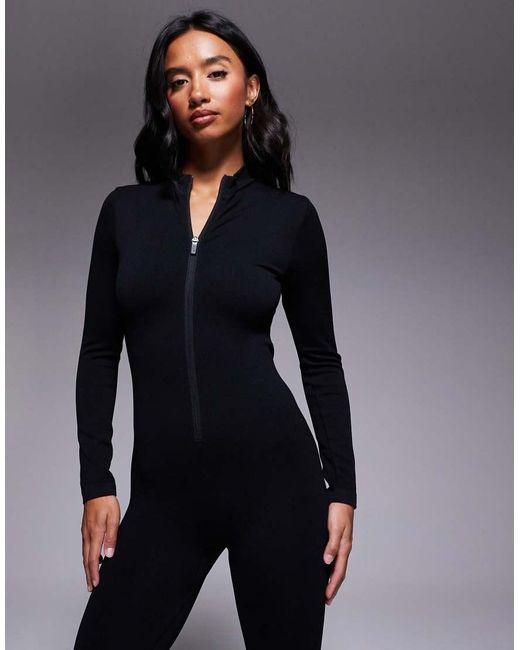 4505 Black Petite Seamless Zip Front All-in-one