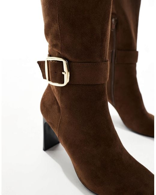 London Rebel Brown Leah Kitten Heel Knee Boots With Buckle Detail