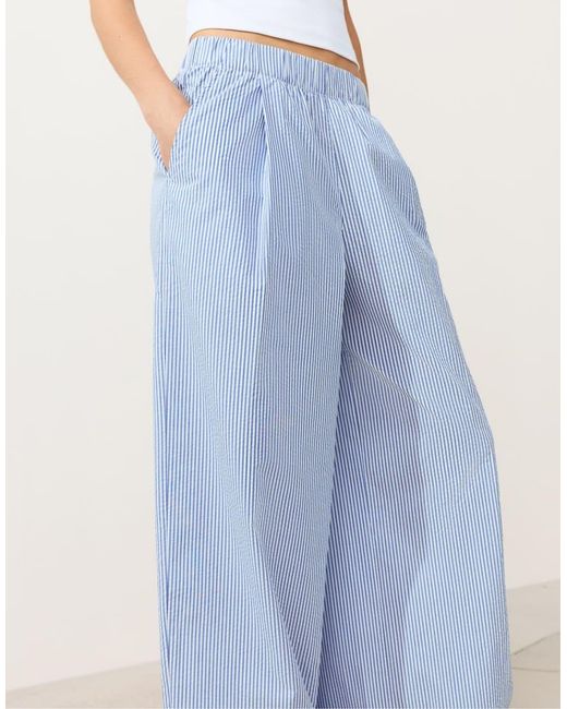 Oysho Blue Wide-leg Cotton Blend Striped Trousers