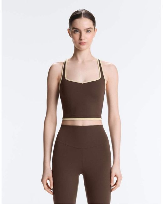 Oysho Brown Comfortlux Contrast Crossover Back Tank Top