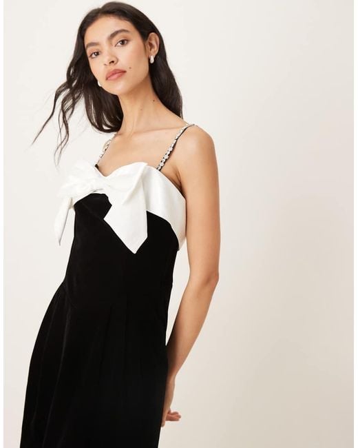 Sister Jane Black Kelly Velvet Contrast Bow Detachable Embellished Strap Midi Dress