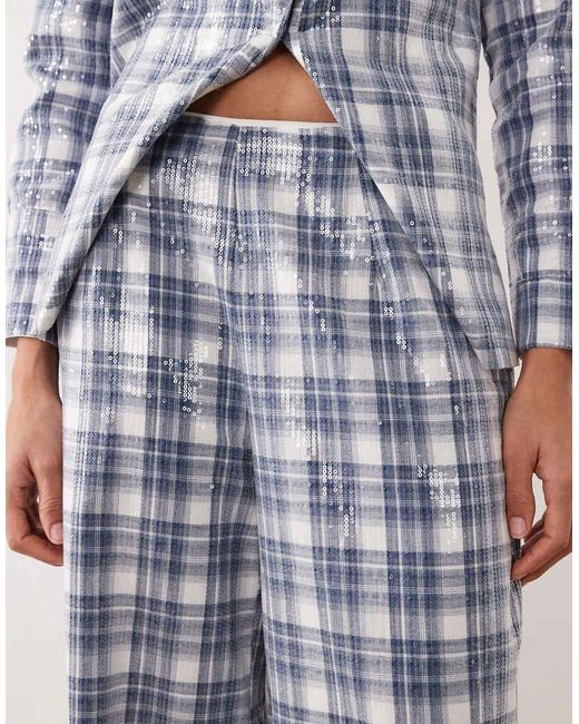 Ghospell White Maya Sequin Tartan Print Wide Leg Trouser Co-Ord
