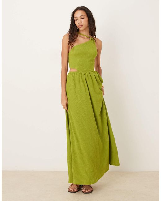 ASOS Green Textured One Shoulder Cut Out Waist With Hardware Detail Maxi Dress