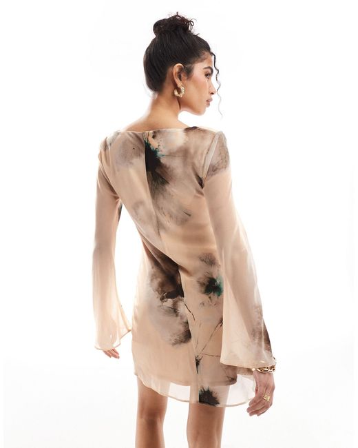 ASOS Natural Cowl Neck Flute Sleeve Chiffon Mini Dress