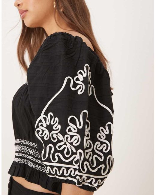 Y.A.S Black Contrast Cornelli Embroidered Puff Sleeve Crop Top Co-ord