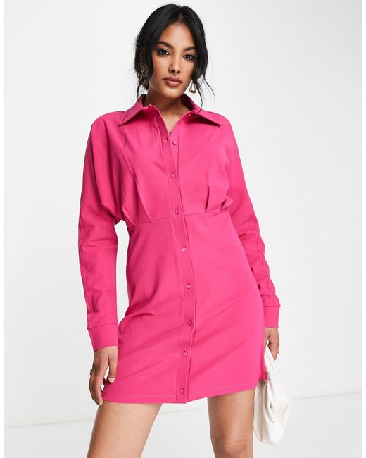 ASOS Pink Long Sleeve Mini Shirt Dress With Ruching Detail