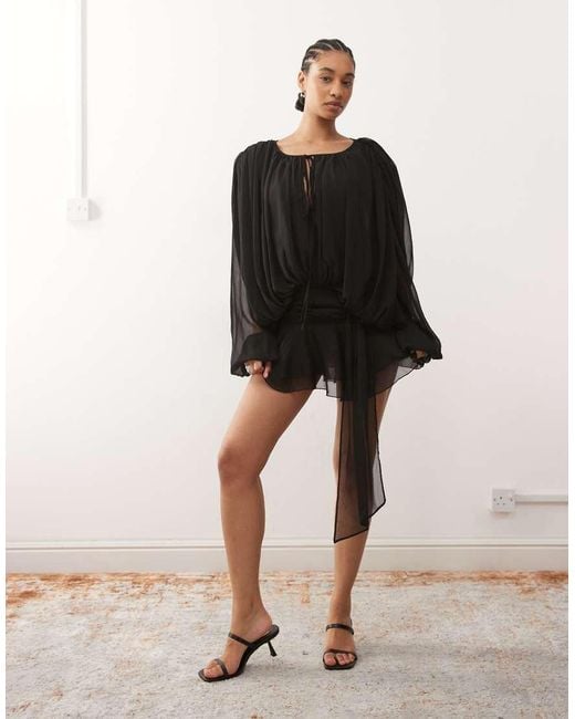 Lioness Black Elements Petite Chiffon Drape Detail Balloon Sleeve Tie Waist Mini Dress