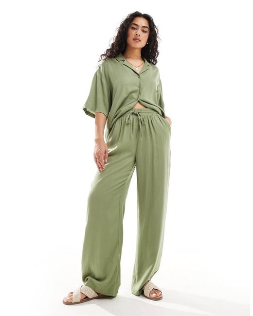 Vila Green Linen Touch Tie Waist Wide Leg Trousers Co-ord