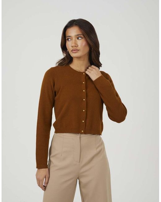 Brave Soul Brown Crew Neck Cardigan With Buttons