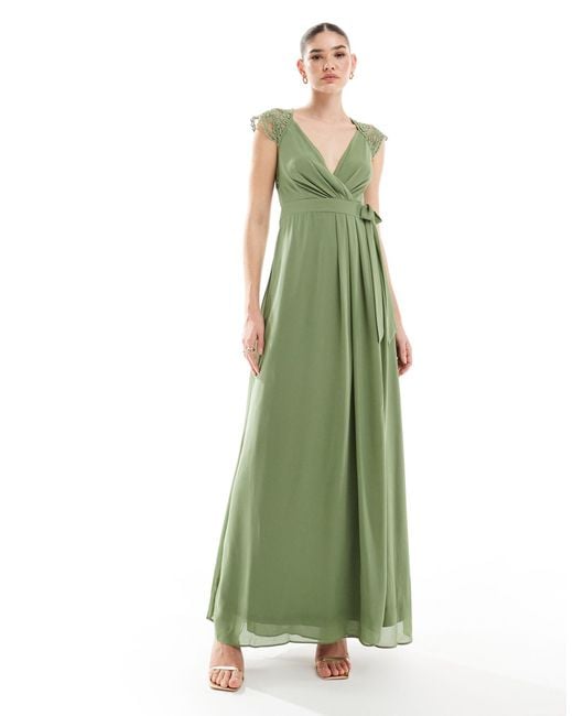 TFNC London Green Bridesmaids Maxi Dress With Lace Detail