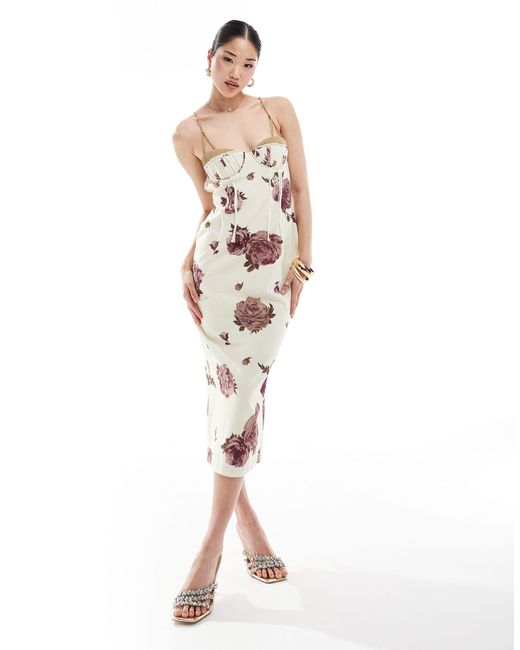 Vestito a longuette a pannelli effetto lino con stampa a fiori, coppe e cut-out di ASOS in White