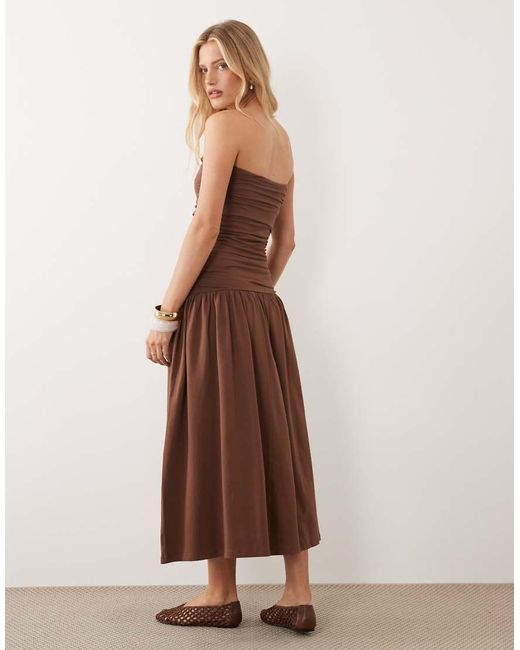 ASOS Brown Ruched Bandeau With Dropped Waist Maxi Dress