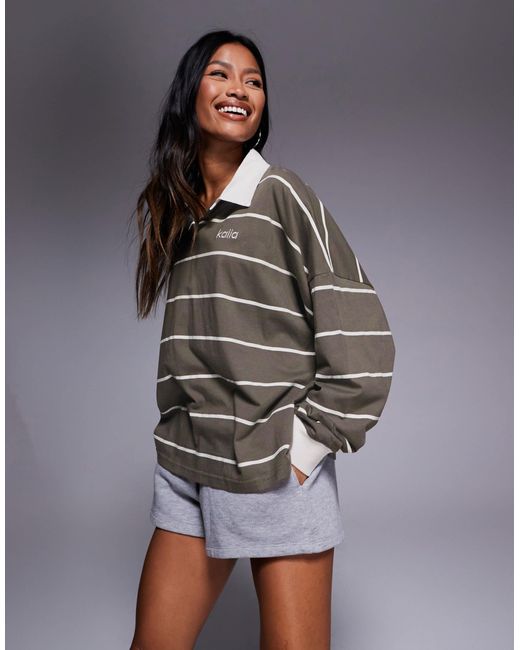 Kaiia Exclusive Cotton Rich Oversized Long Sleeve Rugby Top in Gray | Lyst
