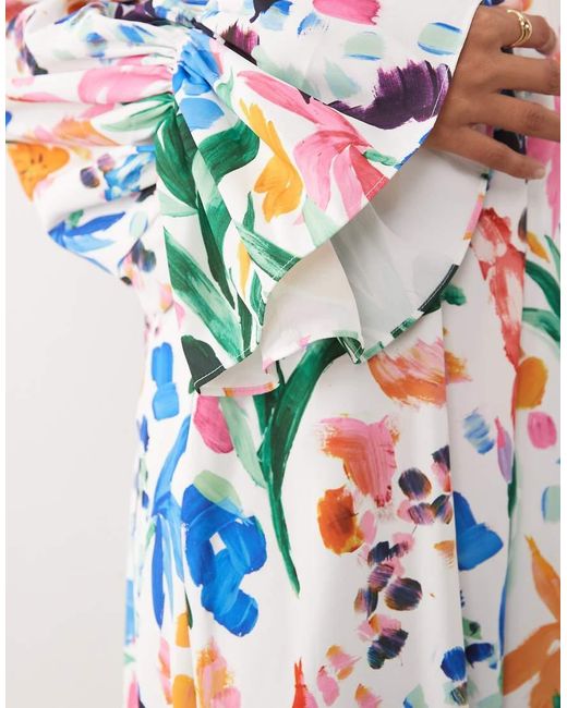 Iyal Blue High Neck Cuff Sleeve Detail Floaty Maxi Dress
