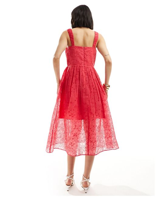 French Connection Red Embroide Lace Sweetheart Midi Dress