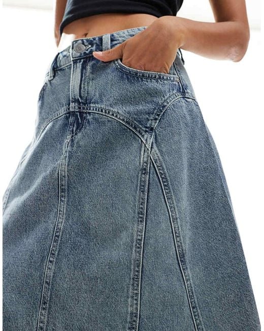 Cotton On Blue Cotton On Seam Detail Awkward Length Midi Denim Skirt