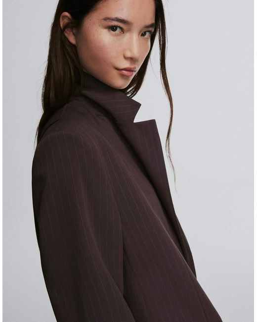 Bershka Brown Striped Double-breasted Blazer
