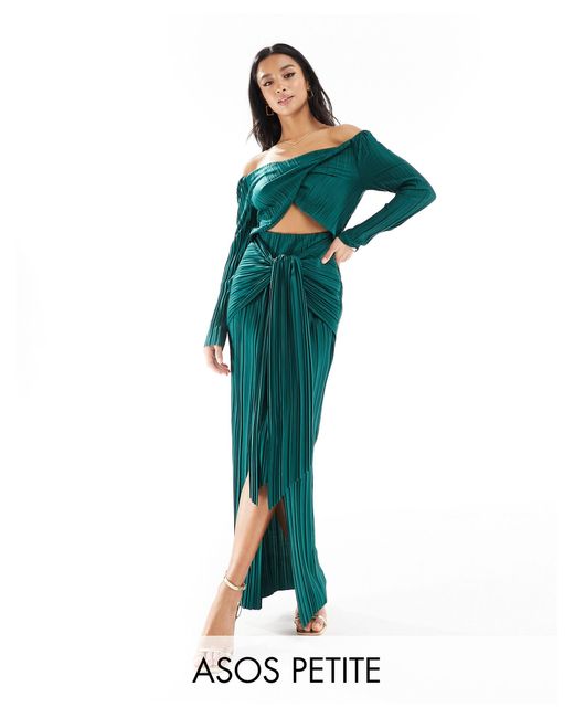 ASOS Green Asos Design Petite Plisse Bardot Twist Front Maxi Dress