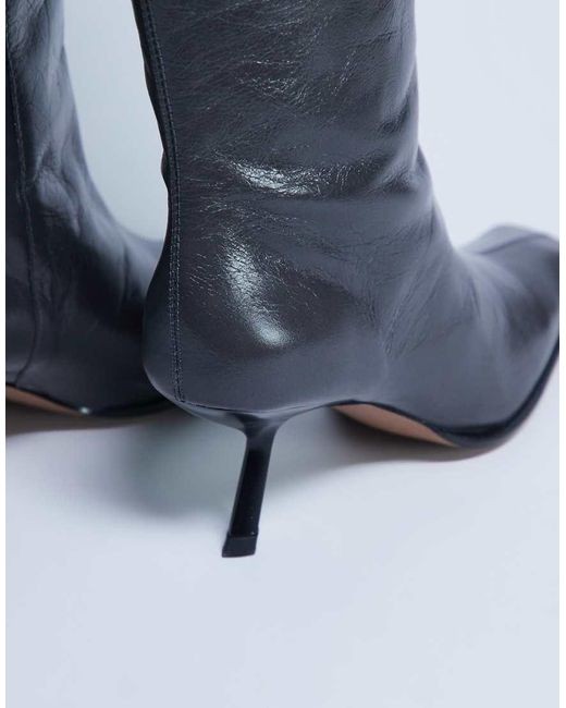 Botas Por La Rodilla Grises Con Puntera Cuadrada De Cuero Premium Scarlett De TOPSHOP de color Blue