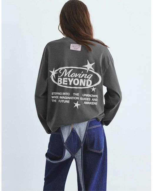 Pull&Bear Gray Long Sleeve Graphic Print T-shirt