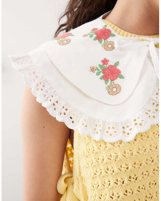 Reclaimed (vintage) Natural Oversized Tie Front Collar With Floral Embroidery
