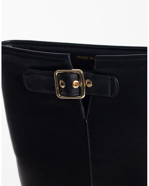 London Rebel Black Trista Chunky Knee Boots With Buckle Details