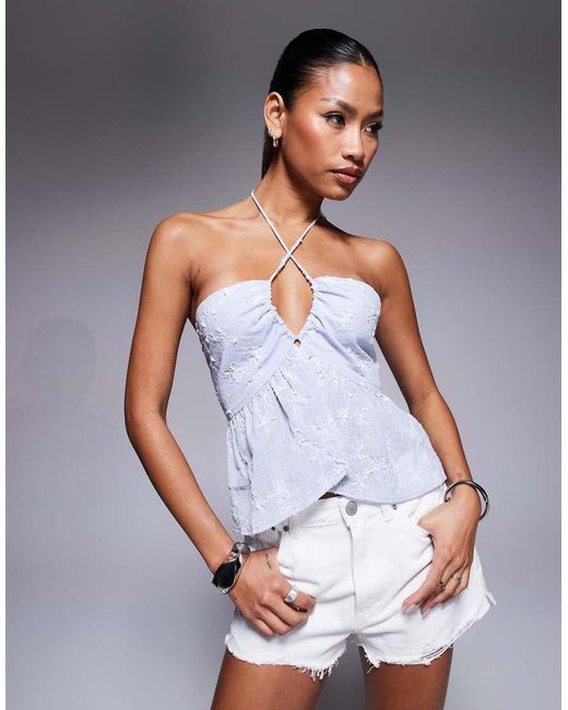 Princess Polly Gray Embroidered Halterneck Cut Out Peplum Top