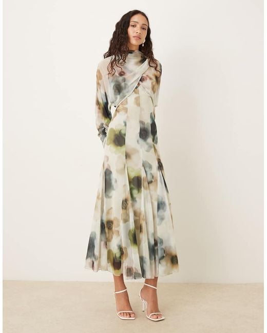 ASOS Natural Long Sleeve Wrap Over Top Dress With Godet Full Skirt And Low Back