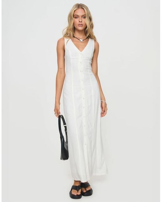 Princess Polly White Summer Season Linen Blend Button Through V-neck Sleeveless Maxi Dress