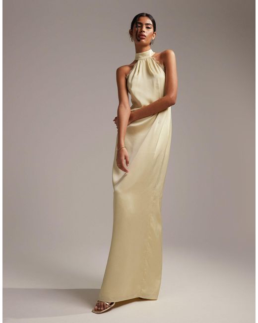 ASOS Natural Bridesmaids Lace Detail Halter Column Maxi Dress
