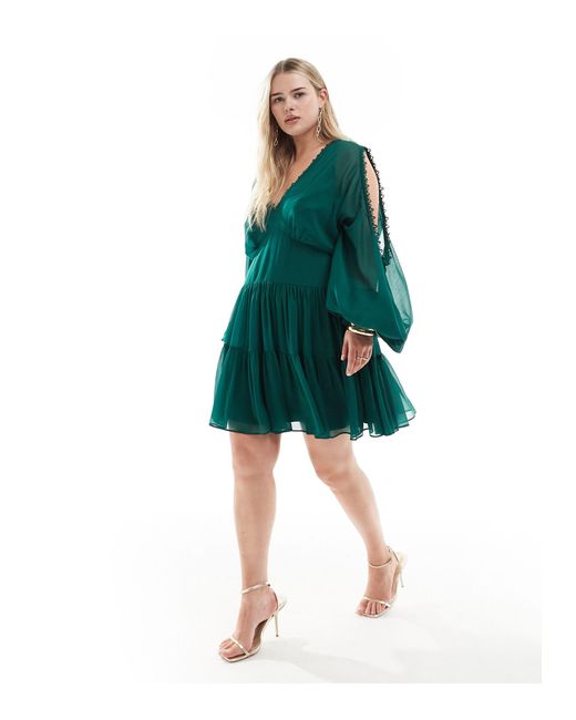 ASOS Green Asos Design Curve Cold Shoulder Tiered Mini Dress With Lace Insert