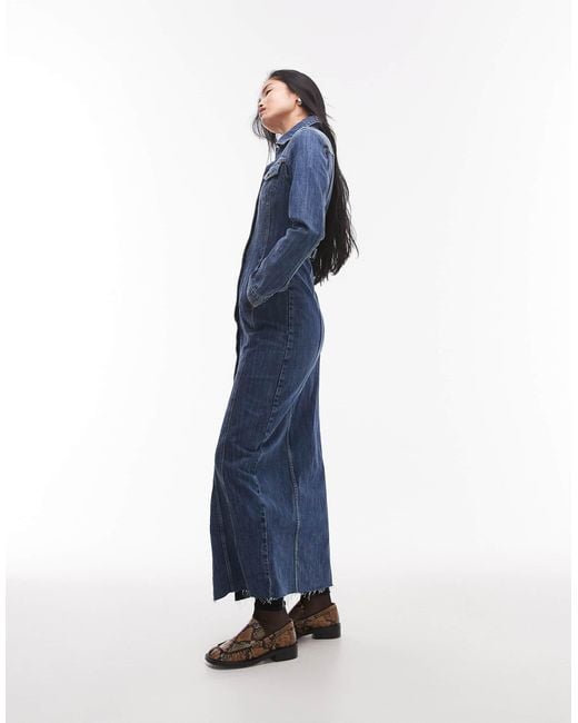 Robe longue en jean avec manches longues et sangle ajustable à la taille - moyen TOPSHOP en coloris Blue