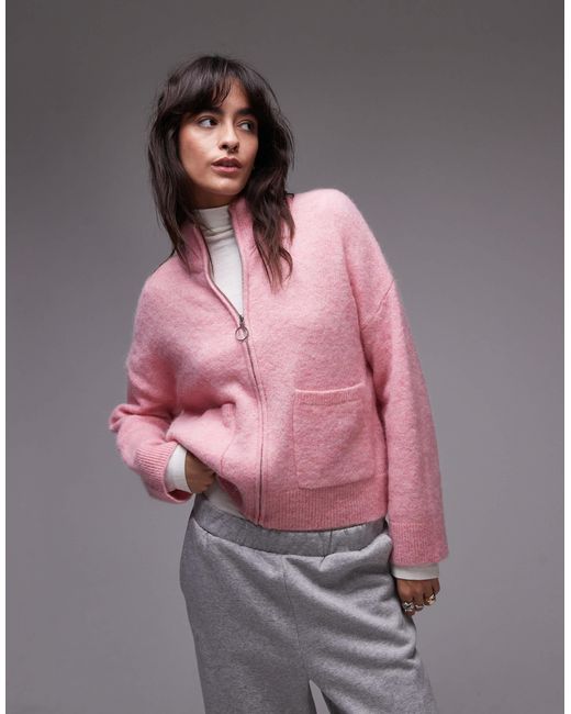 SELECTED Pink Femme Zip Thru Alpaca Blend Fluffy Cardigan With Pockets