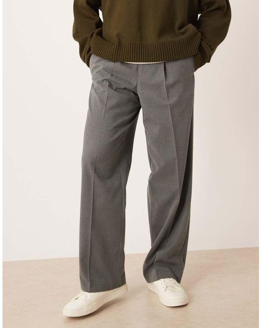ASOS Gray Smart Pleated Wide Leg Flannel Trousers for men
