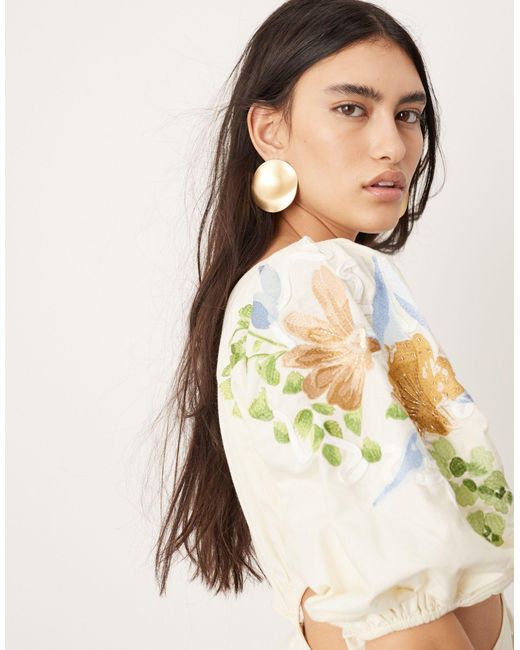 ASOS Natural Embroidered Floral Shoulder Puff Sleeve Midi Dress