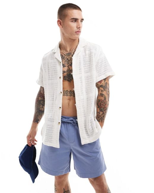 ASOS White Short Sleeve Relaxed Revere Crochet Shirt for men