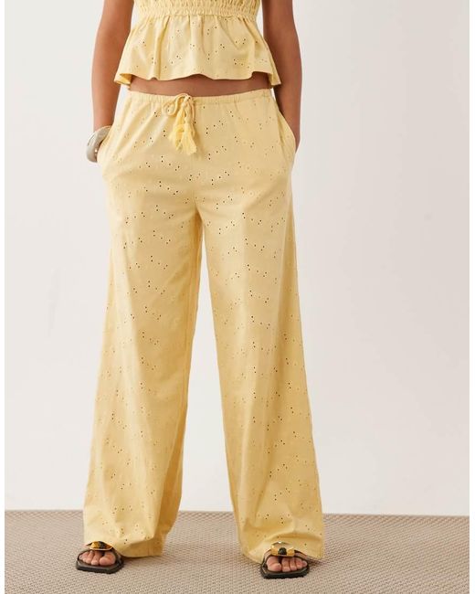 ASOS Natural Wide Leg Drawcord Tassel Detail Jersey Broderie Co-ord Trouser