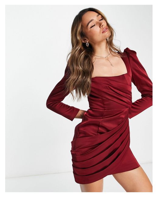 Lavish Alice Red Bonded Satin Puff Sleeve Mini Dress