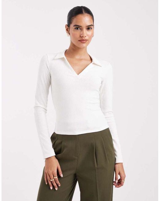 Miss Selfridge White Rib Long Sleeve Polo Top