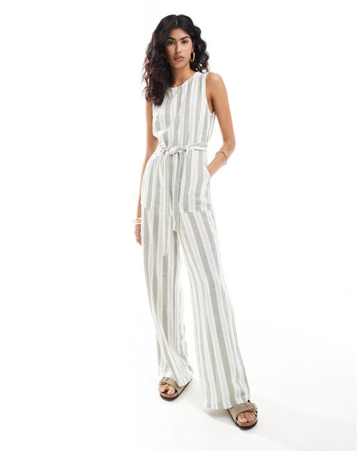 ONLY White Sleeveless Belted Linen Mix Jumpsuit