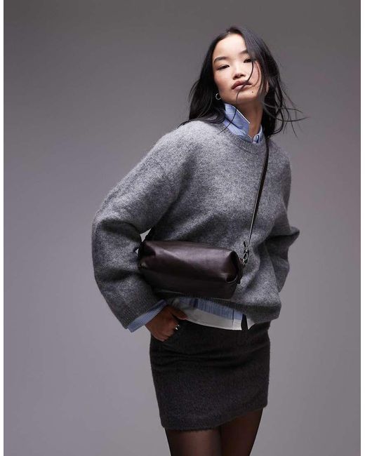 ARKET Gray Leather Soft Square Clutch Bag With Detachable Shoulder Strap