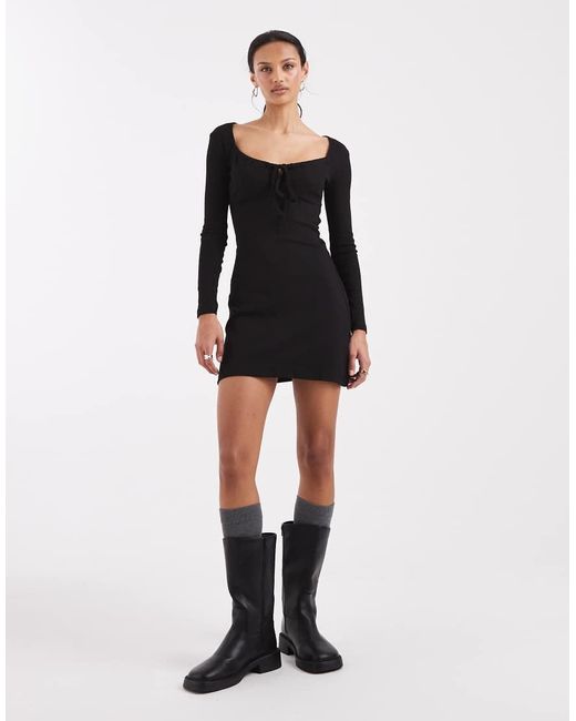 Brave Soul Black Long Sleeve Jersey Mini Dress With Tie Front Detail