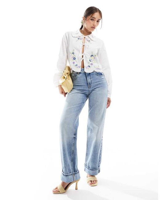 Object White Tie Front Shirt With Floral Embroidery